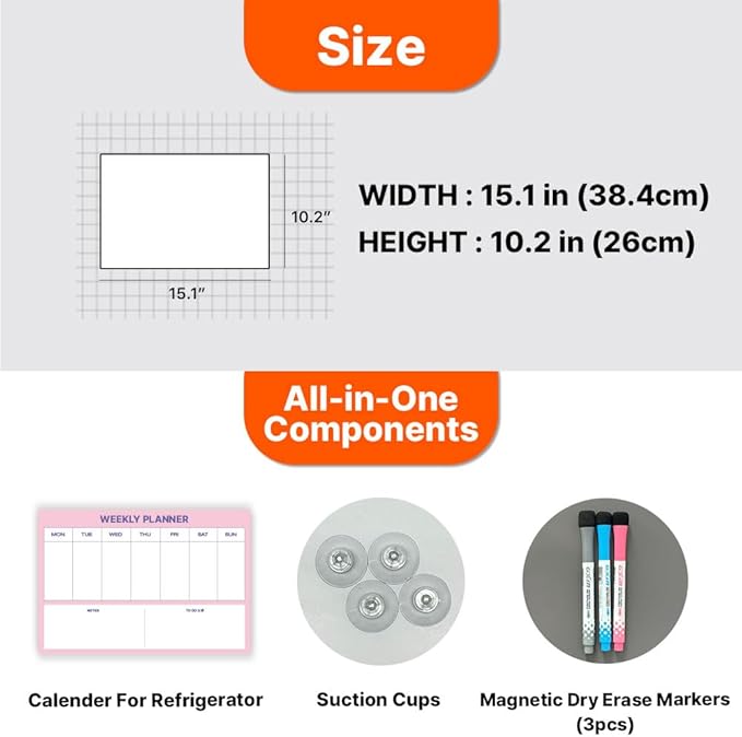 GEEKBEAR Dry Erase Refrigerator Calendar with 3 Markers - Attachable to Any Fridge with Special Suction Cups - Monthly and Weekly Designs, Acrylic - 15.7" x 10.6" (03. Modern Pink, Weekly)