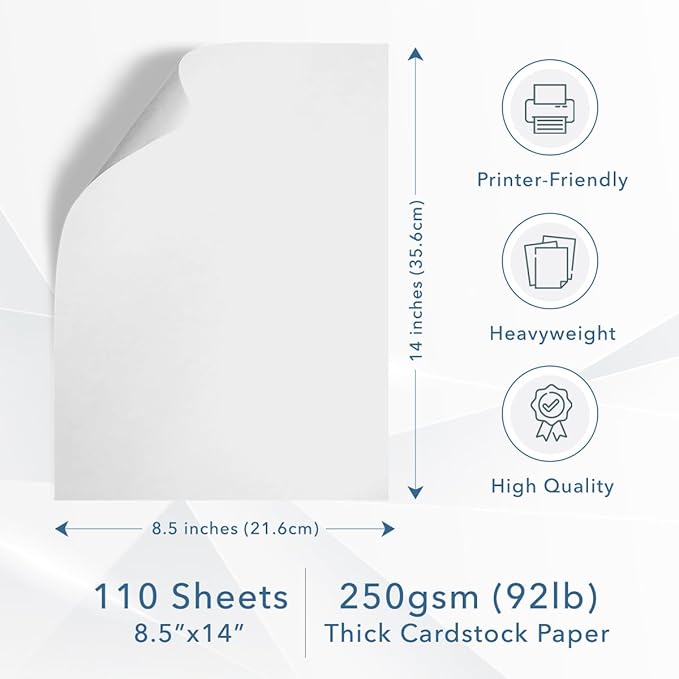 MOS Legal Cardstock Paper – 8.5” x 14”, 250 GSM, 110 Sheets – Heavyweight White for Certificates, Menus, Legal Documents & Crafts – Smooth Finish, Printer-Friendly