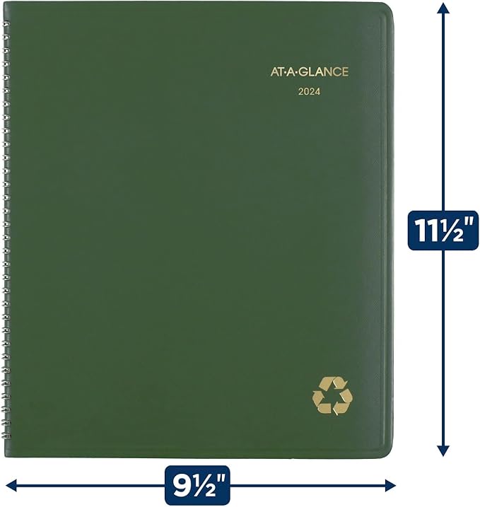 AT-A-GLANCE 2024 Monthly Planner, 9" x 11", Large, Spiral Bound, Recycled, Monthly Tabs, Green (70260G6024)