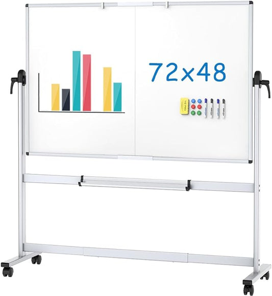 VIZ-PRO Double-Sided Mobile Whiteboard, 72 x 48 Inches, Magnetic Rolling Dry Erase White Board on Wheels with Aluminium Frame and Stand