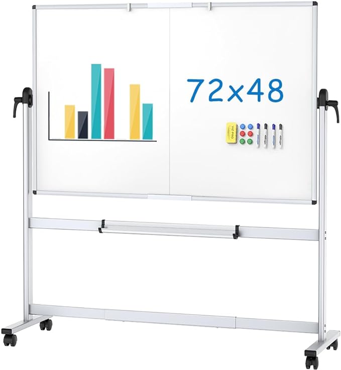 VIZ-PRO Double-Sided Mobile Whiteboard, 72 x 48 Inches, Magnetic Rolling Dry Erase White Board on Wheels with Aluminium Frame and Stand