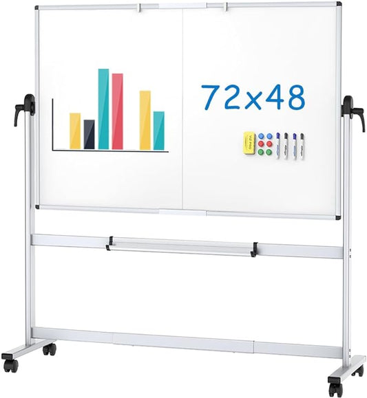 VIZ-PRO Double-Sided Mobile Whiteboard, 72 x 48 Inches, Magnetic Rolling Dry Erase White Board on Wheels with Aluminium Frame and Stand