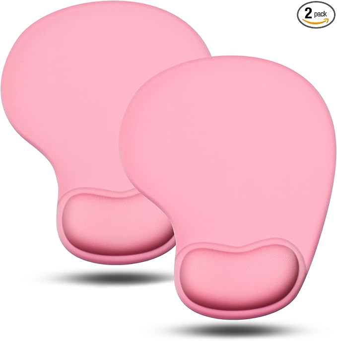 JIKIOU Mouse Pad, 2 Pack Ergonomic Mouse Pads with Comfortable Gel Wrist Rest Support and Lycra Cloth, Non-Slip PU Base for Easy Typing Pain Relief Durable and Easy to Clean Small Pink
