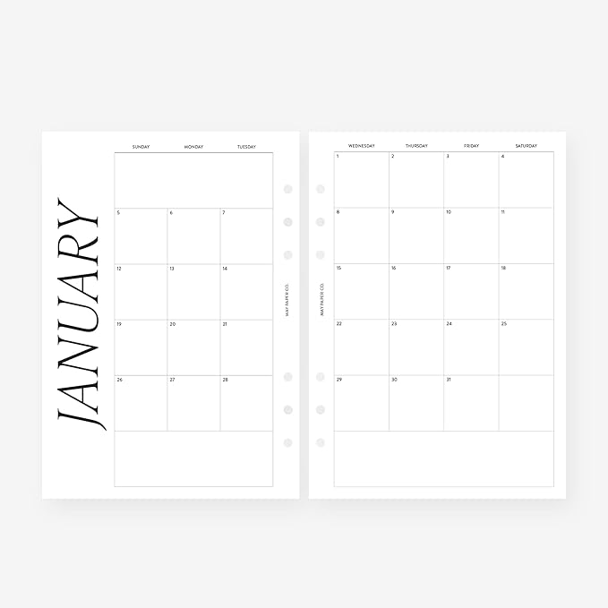 A5 2025 Month on Two Pages Monthly Planner Insert Agenda Refill for 6 ringed A5 Filofax, Kikki K, LV GM agendas (Monthly Classic (Sunday Start, Non-Separable Months))