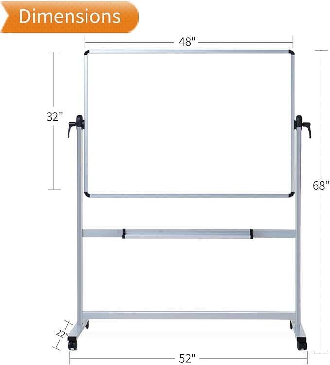 VIZ-PRO Double-Sided Magnetic Mobile Whiteboard, 48 x 32 Inches, Aluminium Frame and Stand