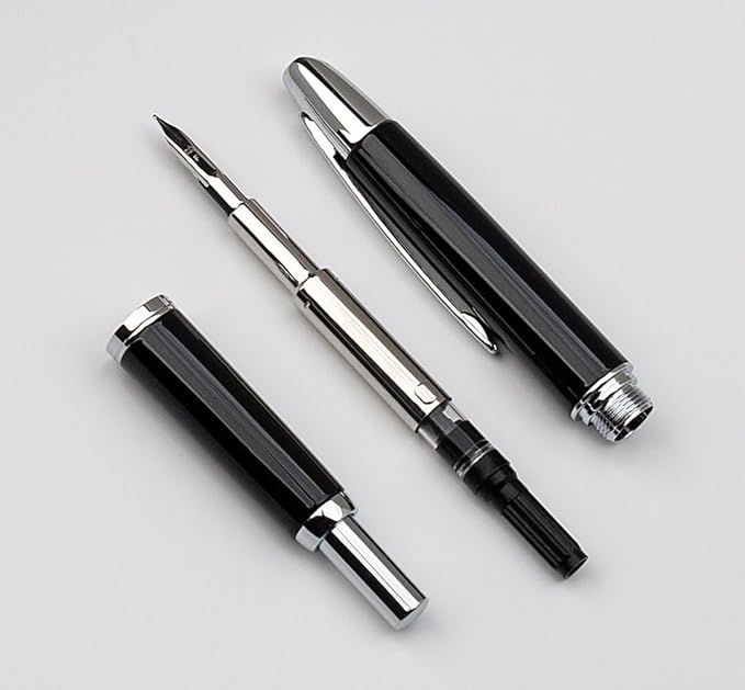 JINHAO 10 Press Fountain Pen, Retractable Metal Pen with Ink Converter (F Nib 0.5mm, Bright Black)