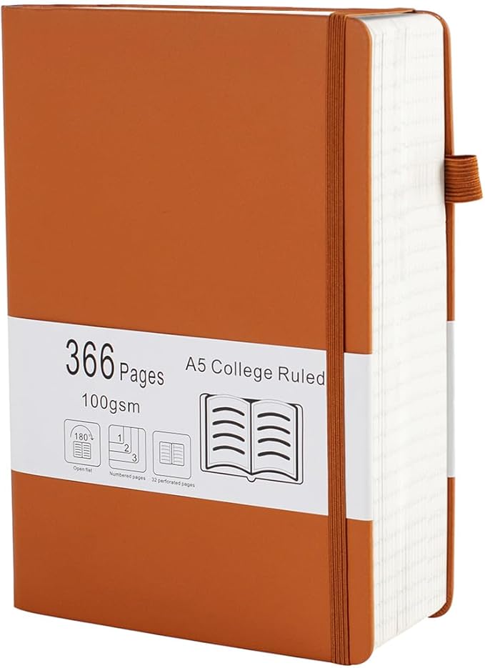 Thick College Ruled Notebook with 366 Numbered Pages, A5 Journals for Writing with 100GSM Lined Paper, Hardcover Leather Notebooks for Women Men School Note Taking Office Work Diary, 5.7"x8.3" Brown