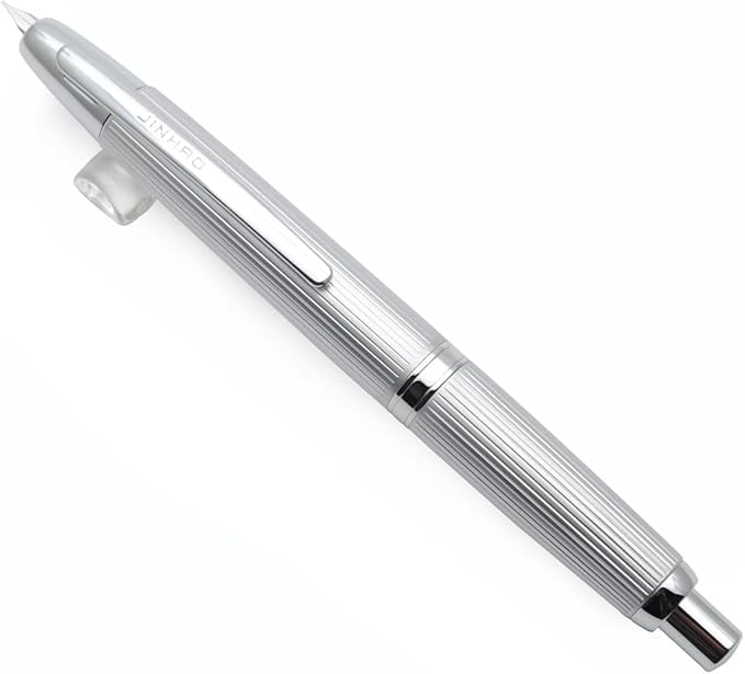 JINHAO 10 Press Fountain Pen, Retractable Metal Pen with Ink Converter (EF Nib 0.38mm, Striated Silver)