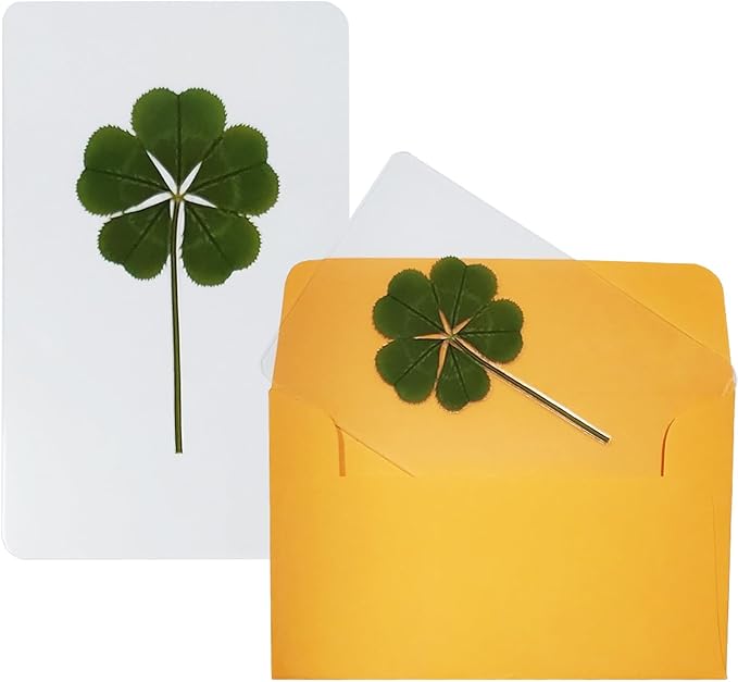 Genuine Real Four Leaf Clover Card Bookmark, Five Leaf Clover Card, Good Luck Gift Card, Invitation Card in Envelope, Good Luck Charm Deco (5 Leaf Clover)