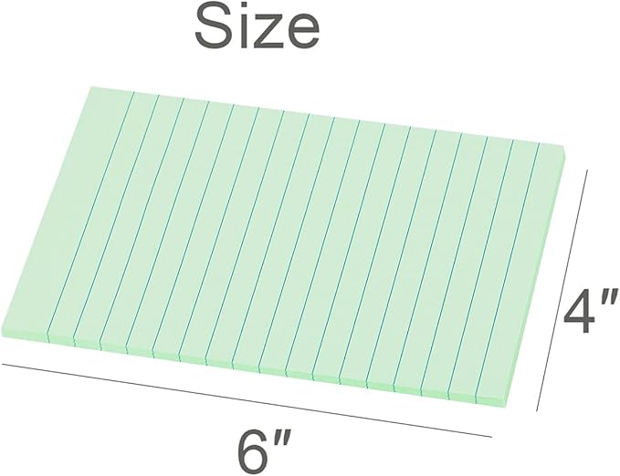 Vanpad Lined Sticky Notes 4X6 in Light Green Ruled Stickies Super Sticking Power Memo Pads Strong Adhesive, 6 Pads/Pack, 45 Sheets/pad