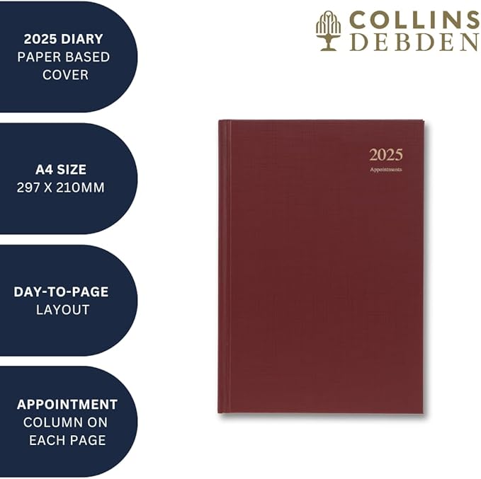Collins Essential 2025 Business Diary - A4 Day to a Page with Appointments Planner with Leathergrain Hardback Cover - Black - ESSA41A.99-25