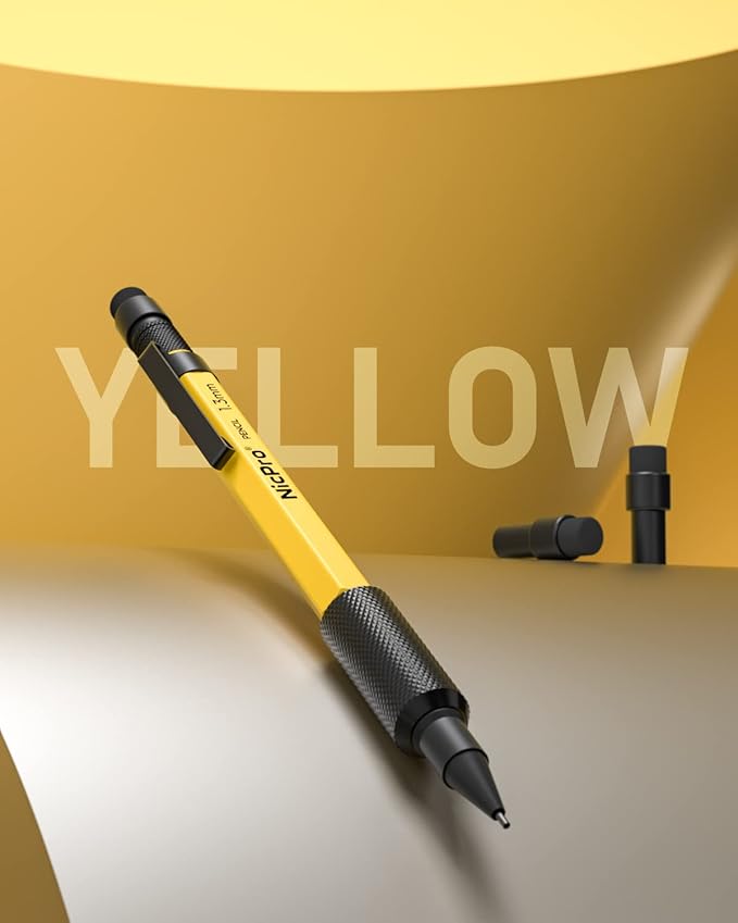 Nicpro 1.3 mm Mechanical Pencil Set with 12 Lead Refill, Eraser - Weatherproof Metal MP2000 Heavy Duty Carpenter Pencil for Outdoor Marking Drafting Drawing Sketching Woodworking - with Case