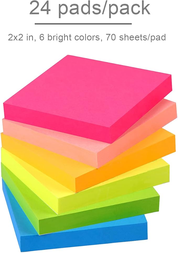 Vanpad (24 Pack) Sticky Notes 2x2 in Bright Stickies Colorful Super Sticking Power Memo Pads Strong Adhesive 64 Sheets/pad