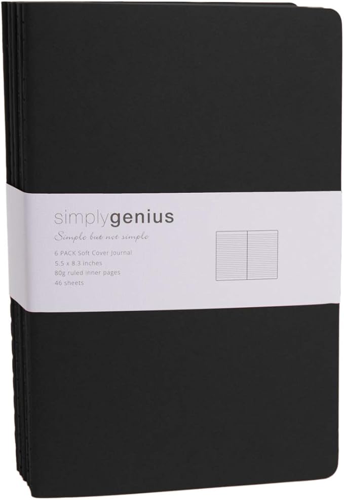 Simply Genius A5 Notebooks for Work, Travel, Business, School & More - College Ruled Notebook - Softcover Journals for Women & Men - Lined Note Books with 92 pages, 5.5" x 8.3" (Black, 6 pack)