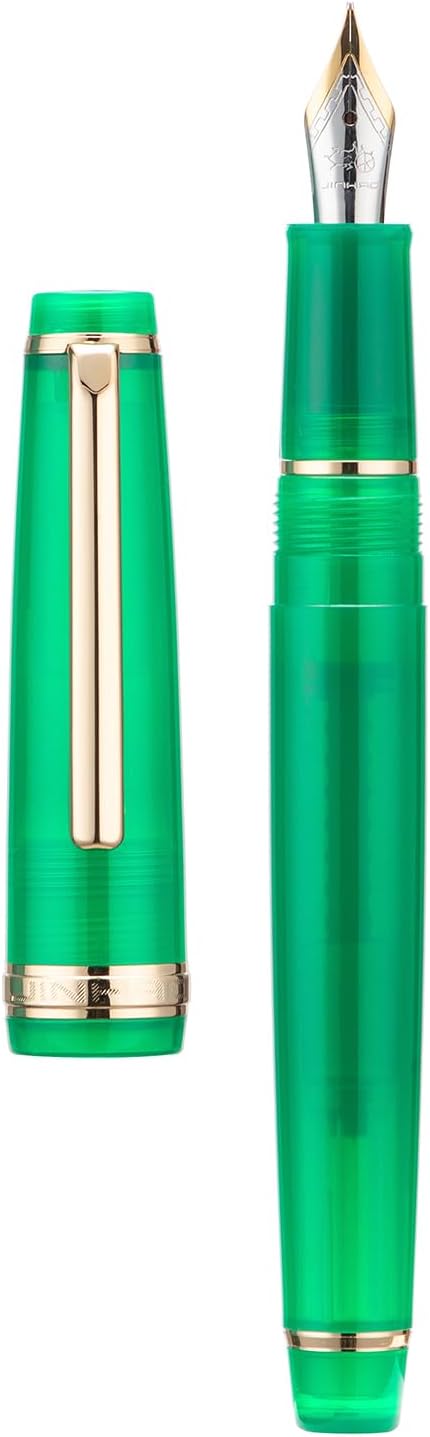 Jinhao 82 Acrylic Fountain Pen, Iridium Bent Nib with Ink Converter, Transparent Jungle Green Classic Design Calligraphy Pen (Gold Trim)