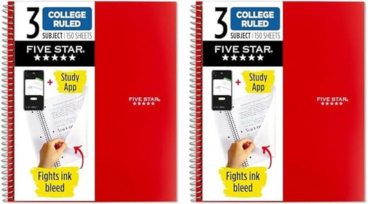 Five Star Spiral Notebook + Study App, 3 Subject, College Ruled Paper, Fights Ink Bleed, Water Resistant Cover, 8-1/2" x 11", 150 Sheets, Red (72065) (Pack of 2)