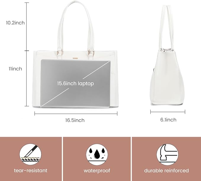 LOVEVOOK Laptop Bag for Women 15.6 Inch Tote Bags Waterproof Leather Briefcase Computer Women Business Office Work Bag,White