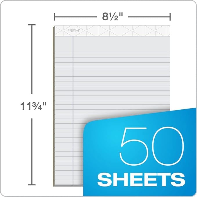 TOPS Prism Writing Pads, 8-1/2" x 11-3/4", Legal Rule, Gray, Perforated, 50 Sheets, 12 Pack (63160)