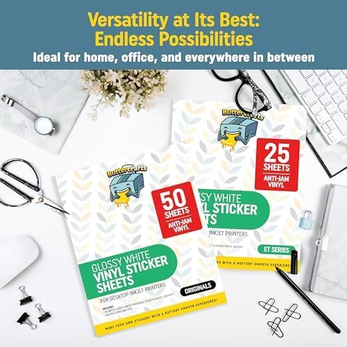 Premium Printable Vinyl Sticker Paper for Inkjet Printer 25 Sheets, 8.5"x11" - Glossy Sticker Paper Waterproof, Weatherproof - White Vinyl Sticker Sheets - Strong Adhesive, Laser Labels & Decals