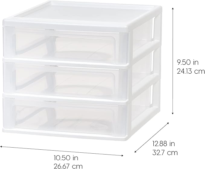 IRIS USA Plastic Stacking Desk Top 3-Drawer Storage Organizer, 2-Pack, for Makep Vanity Nail Polish Bathroom Stationery Art Craft Supplies Kitchen Office Garage and Small Organization, Medium, White