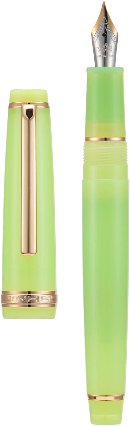 Jinhao 82 Acrylic Fountain Pen, Iridium Bent Nib with Ink Converter, Transparent Green Classic Design Calligraphy Pen (Gold Trim)