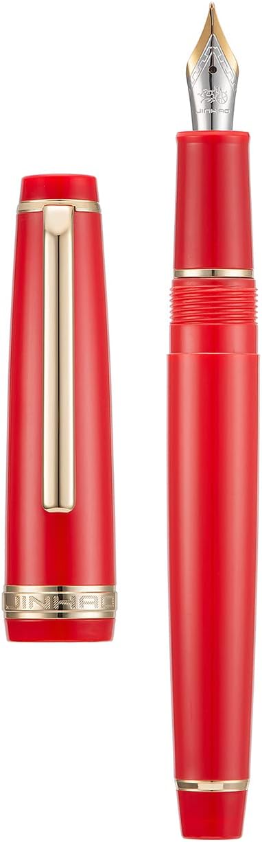 Jinhao 82 Red Acrylic Fountain Pen, Iridium Bent Nib Classic Design Smooth Writing Pen with Ink Converter (Gold Trim)