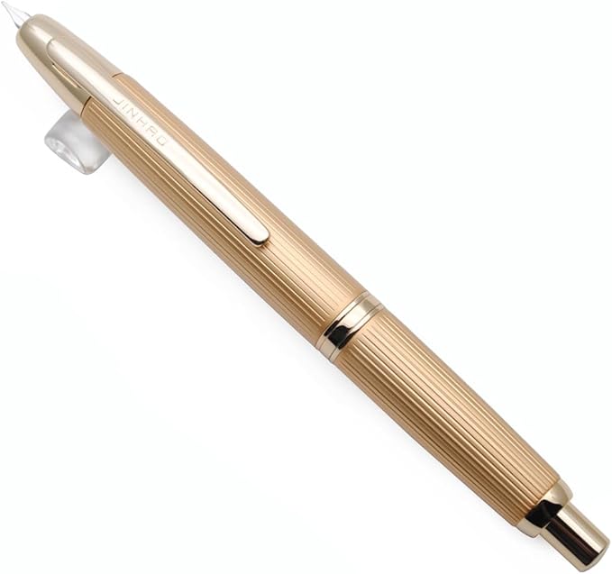 JINHAO 10 Press Fountain Pen, Retractable Metal Pen with Ink Converter (EF Nib 0.38mm, Striated Golden)