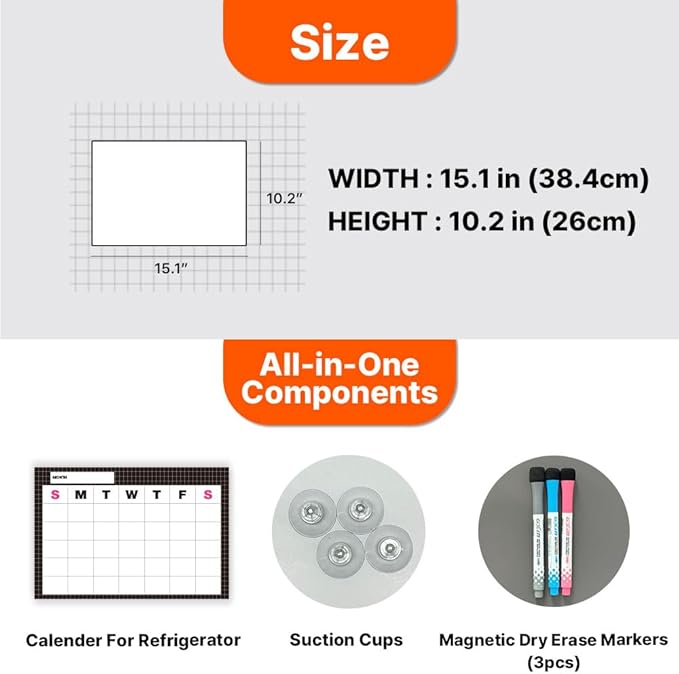 GEEKBEAR Dry Erase Refrigerator Calendar with 3 Markers - Attachable to Any Fridge with Special Suction Cups - Monthly and Weekly Designs, Acrylic - 15.7" x 10.6" (05. Black, Monthly)