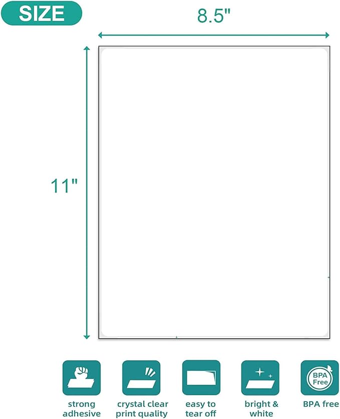 OausTect Full Page Labels 8.5 X 11 Sticker Paper for Laser & Inkjet Printer Printable Permanent Adhesive Mailing Shipping Address Label, Matte White, 500 Sheets -500 Labels (8165/5165)