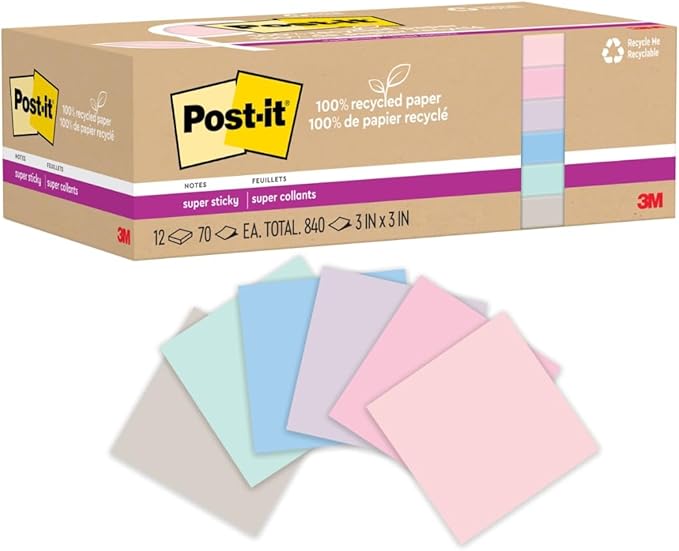 Post-it 100% Recycled Paper Super Sticky Notes, 3 in. x 3 in., 12 Pads, 70 Sheets per Pad, Wanderlust Pastels, School Supplies and Office Products