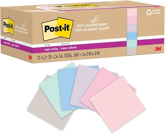 Post-it 100% Recycled Paper Super Sticky Notes, 3 in. x 3 in., 12 Pads, 70 Sheets per Pad, Wanderlust Pastels, School Supplies and Office Products