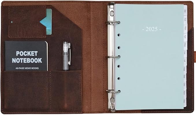 Fan&Ran 2025 Leather Planner 5.5"x8.5" with 3-Ring Leather Binder, 2025 Full Year Weekly & Monthly Pages, Interior Pockets, Refillable