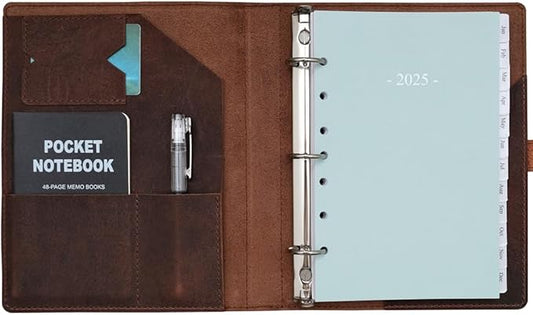 Fan&Ran 2025 Leather Planner 5.5"x8.5" with 3-Ring Leather Binder, 2025 Full Year Weekly & Monthly Pages, Interior Pockets, Refillable