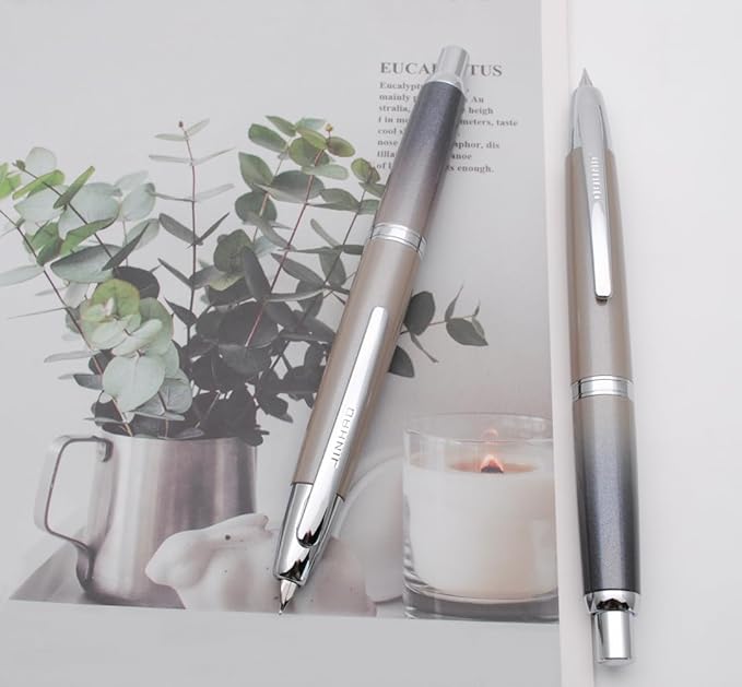 JINHAO 10 Press Fountain Pen, Retractable Metal Pen with Ink Converter (F Nib 0.5mm, Gradient Grey)