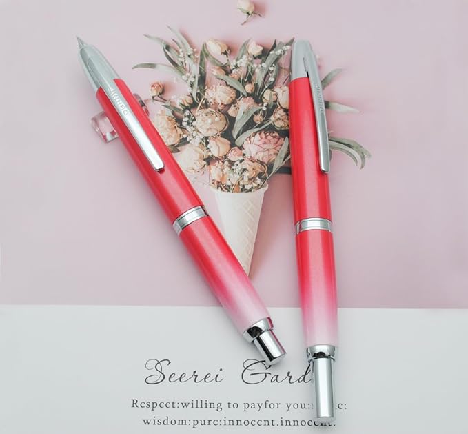 JINHAO 10 Press Fountain Pen, Retractable Metal Pen with Ink Converter (EF Nib 0.38mm, Gradient Rose Red)