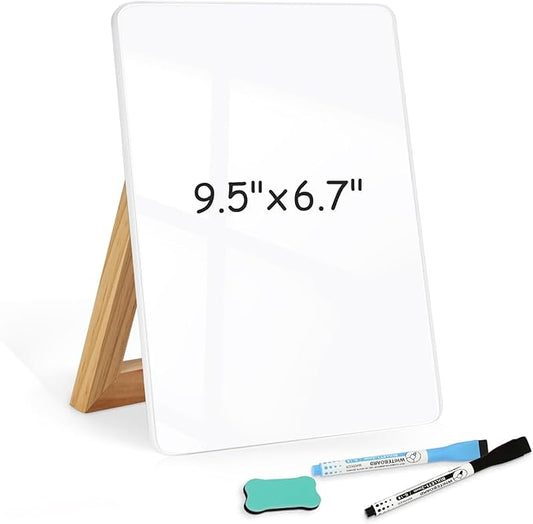 WALGLASS Desktop Glass White Board 9.5"x 6.7" with Reversible Wood Stand, Small Dry Erase Board, Portable Whiteboard for Desk, Reusable Desk Notepad with 2 Markers&Eraser for Home, Office