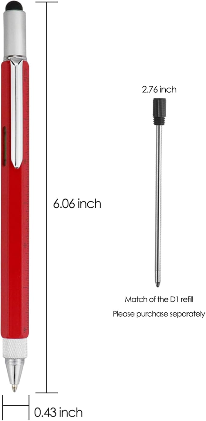 HeTaoCat Gifts Multi Tech Tool Pen 6 in 1 Stylus Pen - Screwdriver Pen with Ruler, Levelgauge, Ballpoint Pen Black ink (Red)