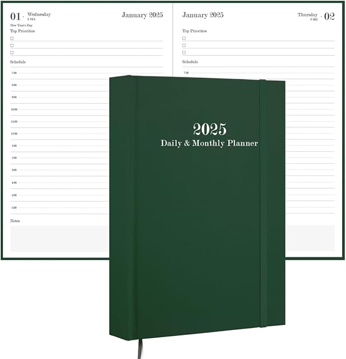 2025 Daily & Monthly Planner - 2025 Daily Planner One Page Per Day from January 2025 to December 2025, Hourly Appointment Book Perfect Organizer Daily Life, Fabric Cover, 5.8'' x 8.3'', Green