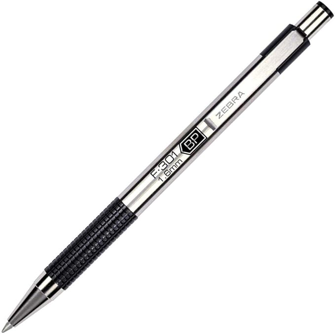 Zebra Pen F-301 Retractable Ballpoint Pen, Stainless Steel Barrel, Bold Point, 1.6mm, Black Ink, 1-Pack