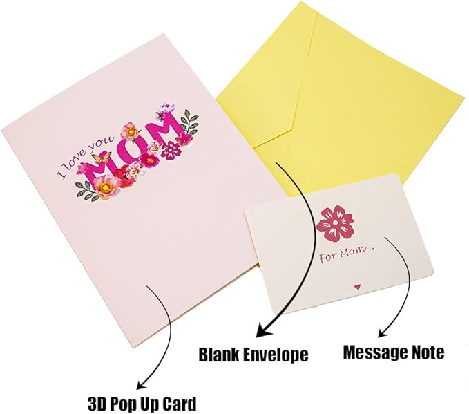 Floral Pop-Up Card - I Love You Mom, Mother's Day, 7.87"x5.91"x0.2"