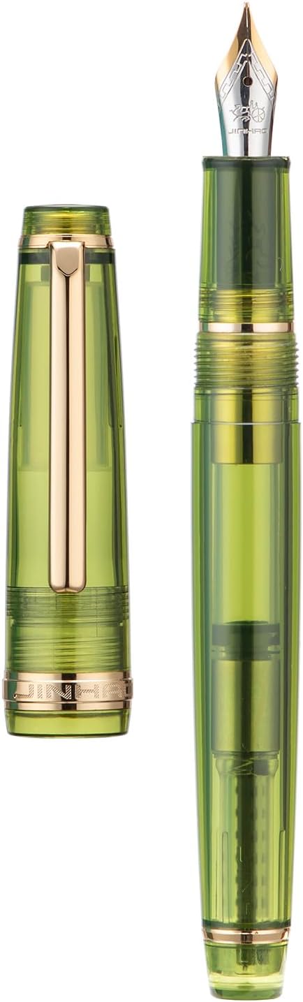 Jinhao 82 Acrylic Fountain Pen, Iridium Fine Nib with Ink Converter, Transparent Olive Green Classic Design Smooth Writing Pen (Gold Trim)
