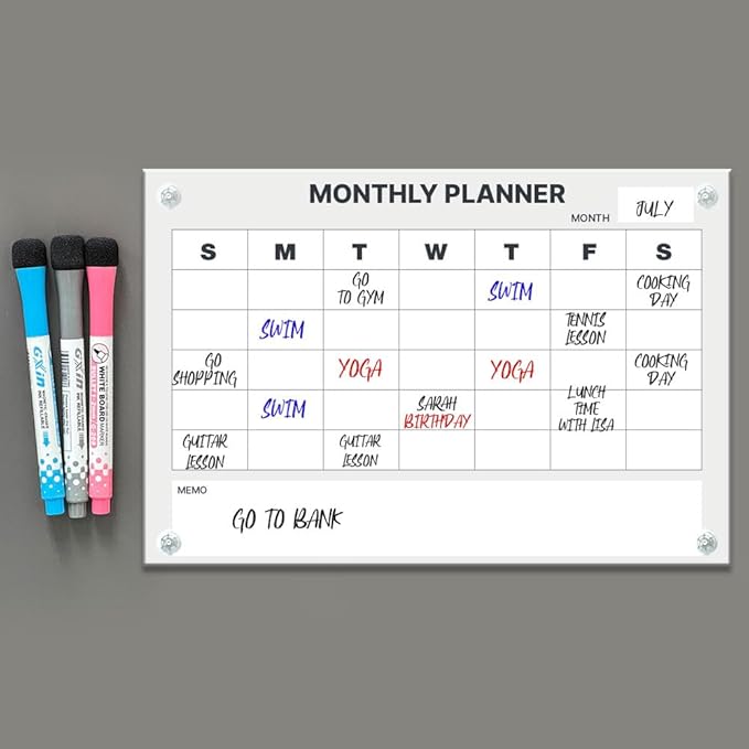 GEEKBEAR Dry Erase Refrigerator Calendar with 3 Markers - Attachable to Any Fridge with Special Suction Cups - Monthly and Weekly Designs, Acrylic - 15.7" x 10.6" (02. Modern Gray, Monthly)