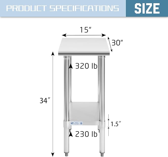 Hally Stainless Steel Table for Prep & Work 30 x 15 Inches, NSF Commercial Heavy Duty Table with Undershelf and Galvanized Legs for Restaurant, Home and Hotel