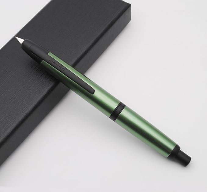 JINHAO 10 Press Fountain Pen, Retractable Metal Pen with Ink Converter (EF Nib 0.38mm, Light Pine Green - Black Clip)