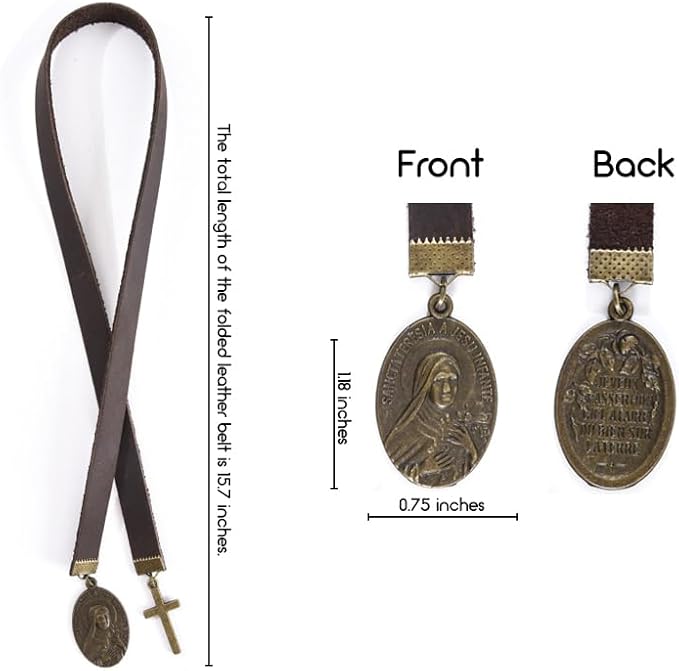 Bookmark, Sancta Teresia a Iesu Infante Bookmarks, with Long Leather Strap, Handmade Vintage Cross Prayer Book Mark, Ideal Catholic Gift (Style 9)