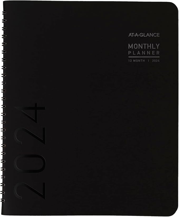 AT-A-GLANCE 2024 Monthly Planner, 7" x 8-3/4", Medium, Monthly Tabs, Faux Leather, Contemporary, Black (70120X0524)