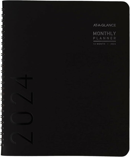 AT-A-GLANCE 2024 Monthly Planner, 7" x 8-3/4", Medium, Monthly Tabs, Faux Leather, Contemporary, Black (70120X0524)