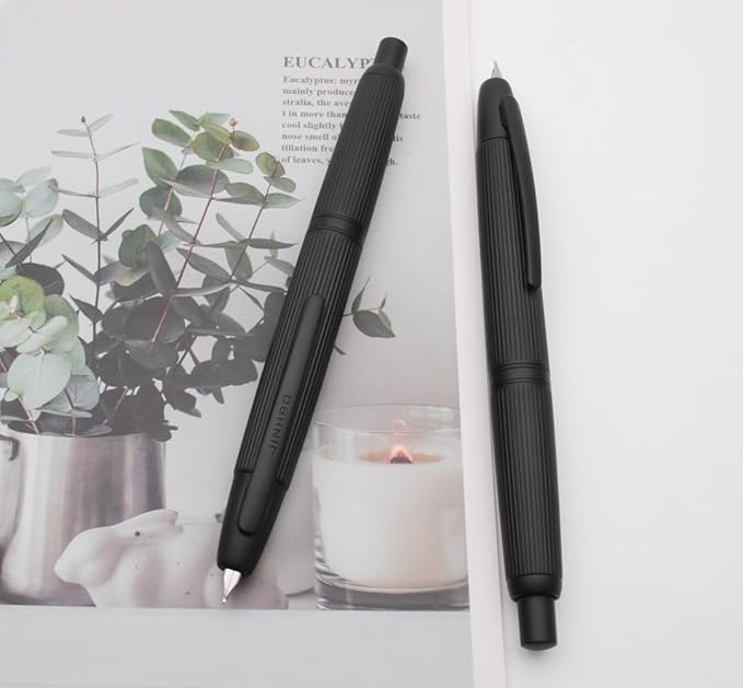 JINHAO 10 Press Fountain Pen, Retractable Metal Pen with Ink Converter (EF Nib 0.38mm, Striated Black)