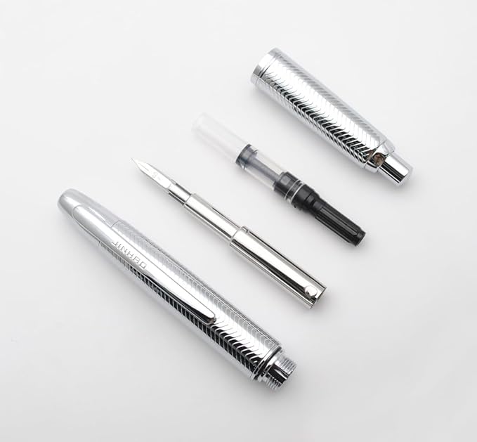 JINHAO 10 Press Fountain Pen, Retractable Metal Pen with Ink Converter (EF Nib 0.38mm, Wavy Texture Bright Silver)