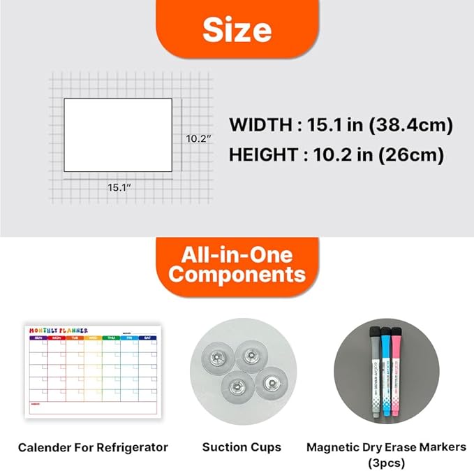 GEEKBEAR Dry Erase Refrigerator Calendar with 3 Markers - Attachable to Any Fridge with Special Suction Cups - Monthly and Weekly Designs, Acrylic - 15.7" x 10.6" (06. Rainbow, Monthly)
